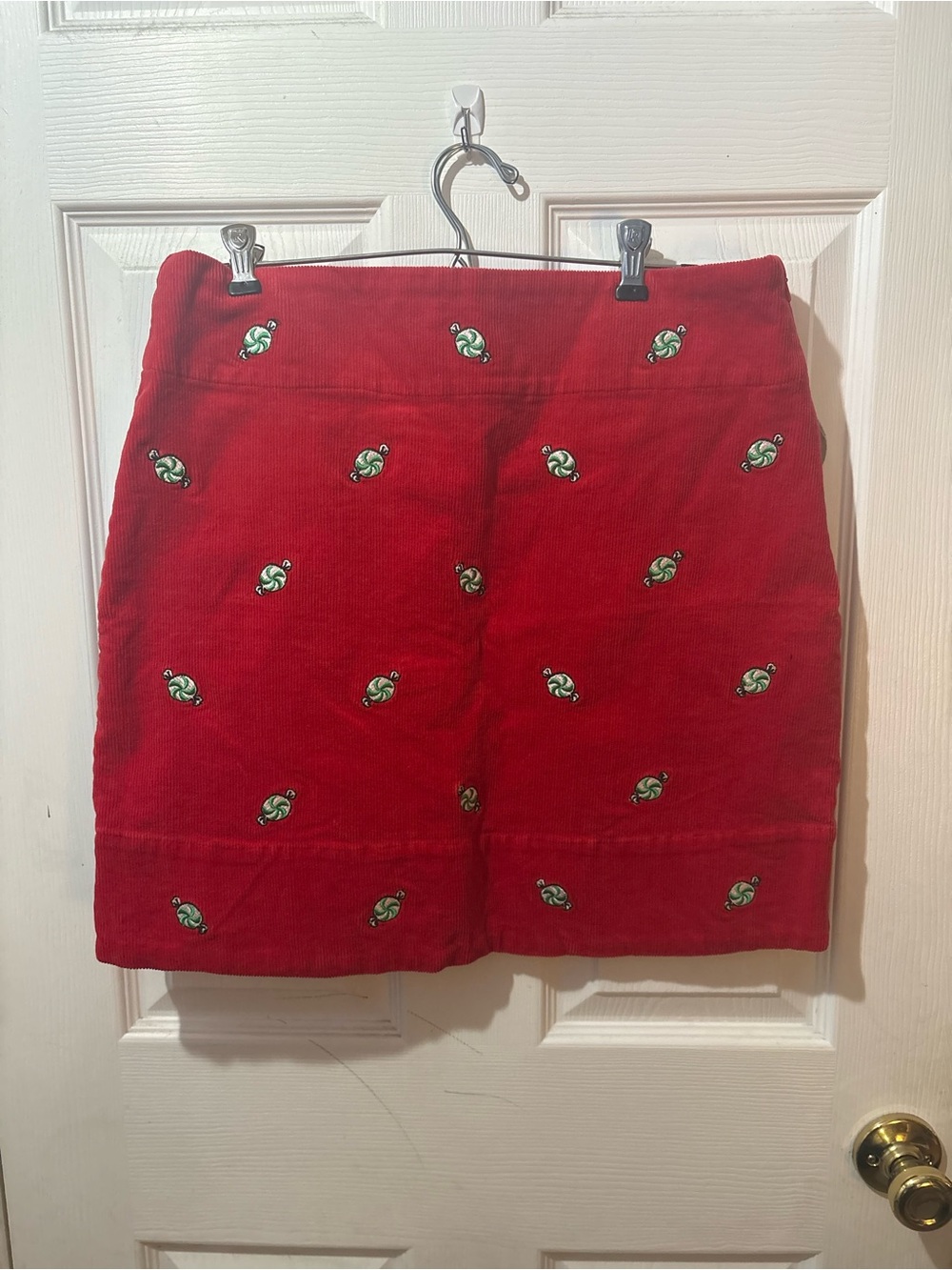 Castaway Red Corduroy Mini Skirt with Green Embroidery